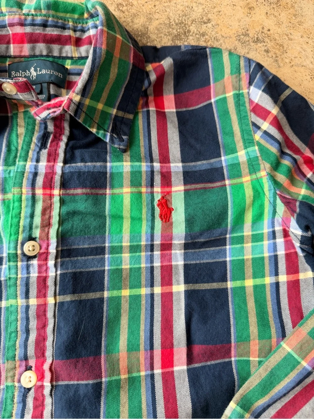 Ralph Lauren Boys Size 7 Plaid Button Down Shirt Green Navy Red Cotton Pony